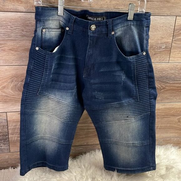 AMERICAN BREED Indigo Blue Distressed Jean Shorts Jorts Size 32 - Picture 3 of 11